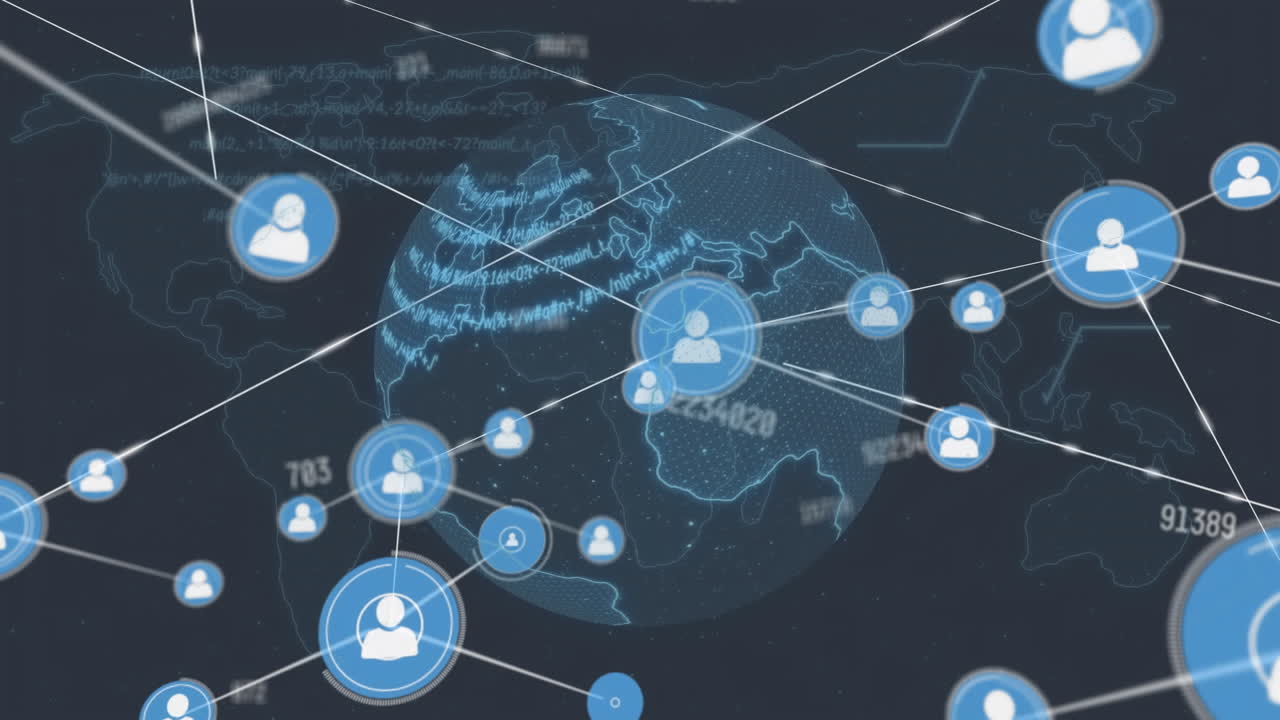 연결된 아이콘의 애니메이션과 지도와 프로그래밍 언어에 대한 전 세계에 대한 증가하는 수