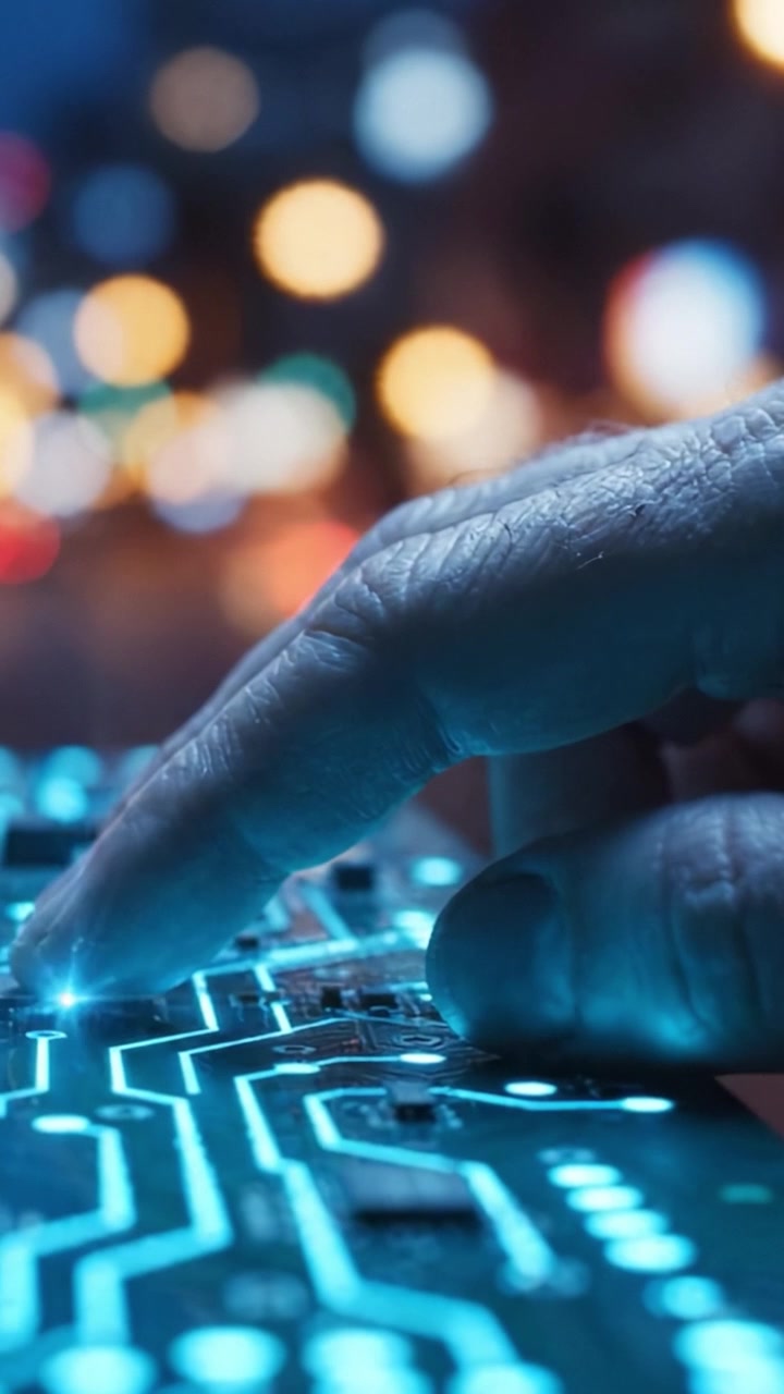 En nærbillede interaktion med teknologi: Den menneskelige berøring på et printkort oplyst af omgivende bylys, der fremhæver fusionen af digitale og fysiske verdener