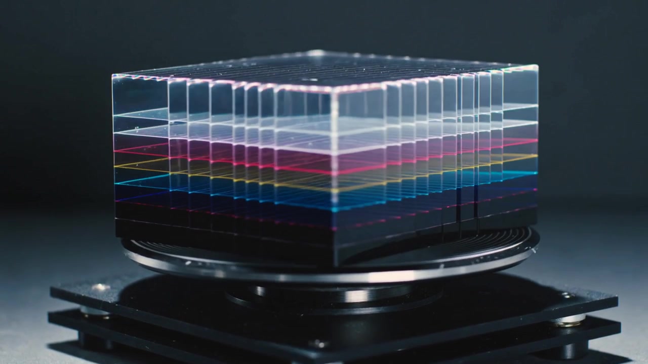 Cubo trasparente rotante che rivela linee al neon su un piatto girevole in uno studio buio, con base di montaggio.