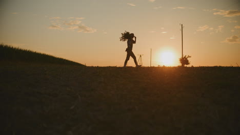 silueta de un agricultor llevando una cosecha al atardecer