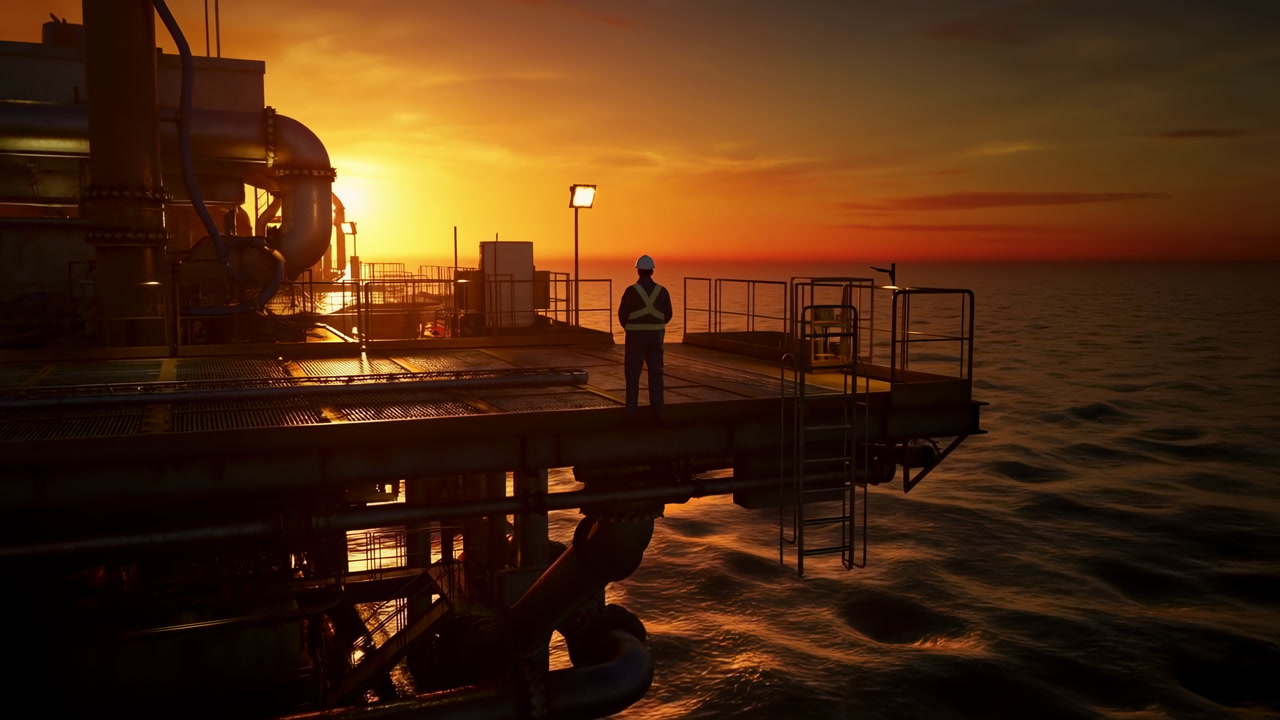 Sunset Offshore Oil Platform Worker Standing On Deck Silhouette Against Golden Horizon, Calm Waves Reflecting