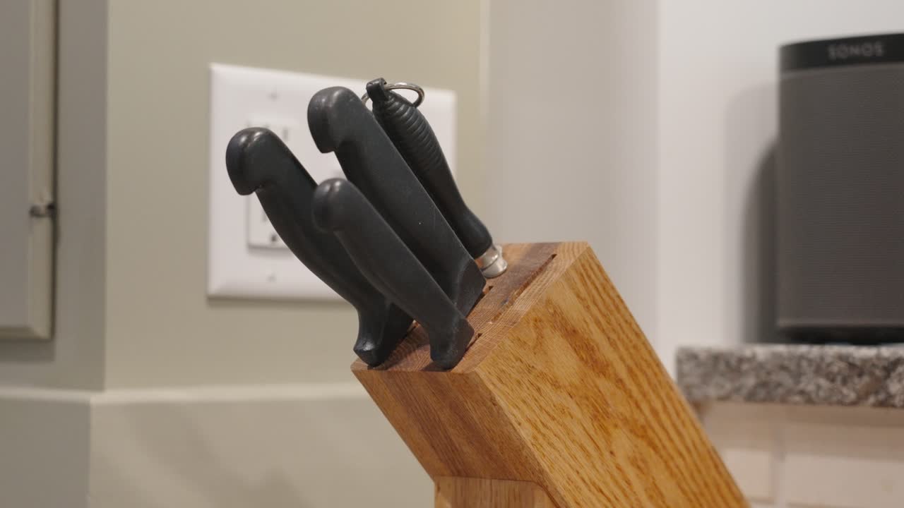 A medium shot of the block missing knives, currently in use.