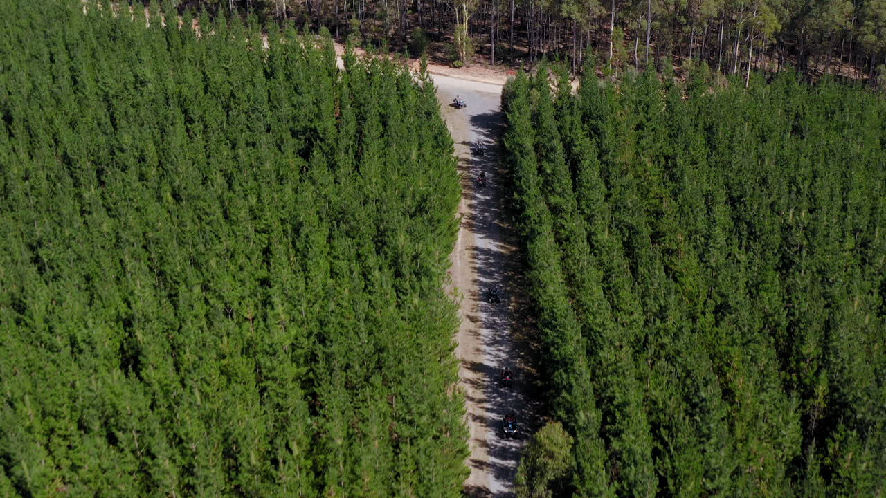 vista aérea de quads atv, en un camino de tierra, en los bosques del sur de australia - tire hacia atrás, tiro de drones