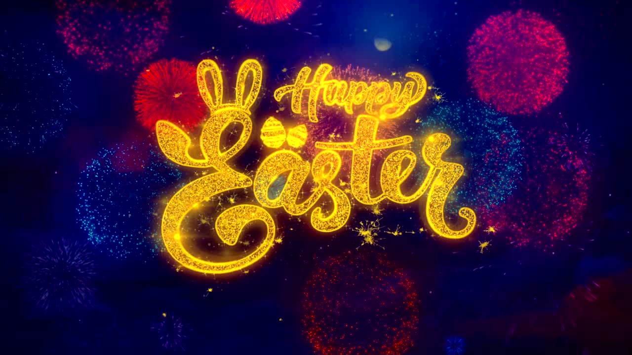 Testo di auguri Buona Pasqua con particelle scintillanti su fuochi d'artificio colorati