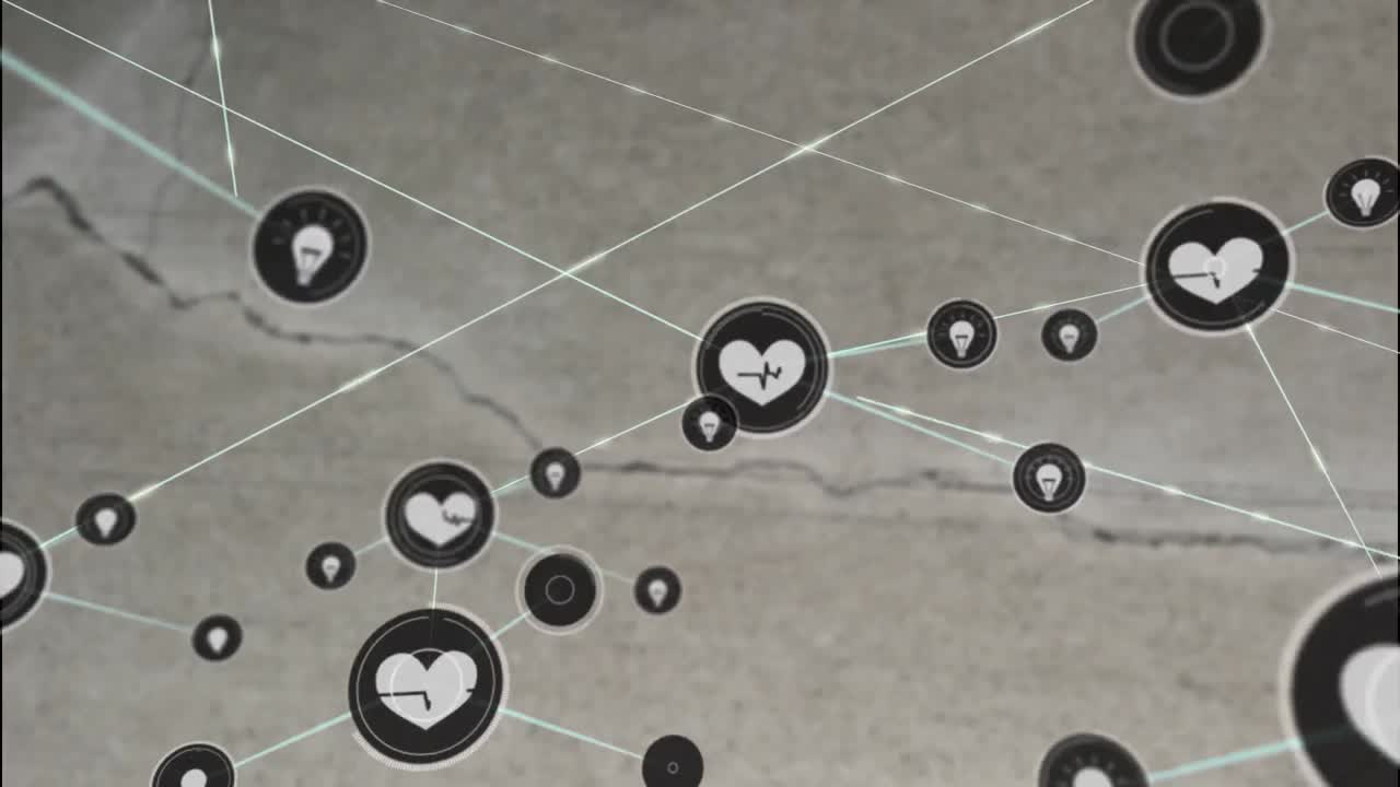 회색 표면의 균열 위에 아이콘을 가진 연결 네트워크의 애니메이션