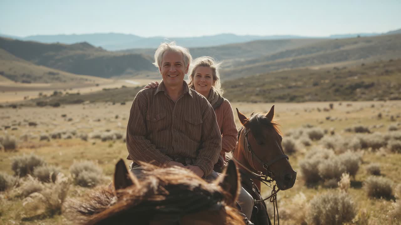 Riding senior pair on rangeland responding to zoom, woman placing hands on man, jackets and tack
