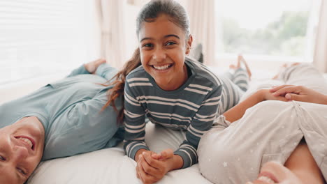 happy family, bed and kid laughing in a bedroom