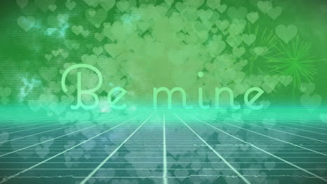 animation of grid and falling hearts and be mine text over green background