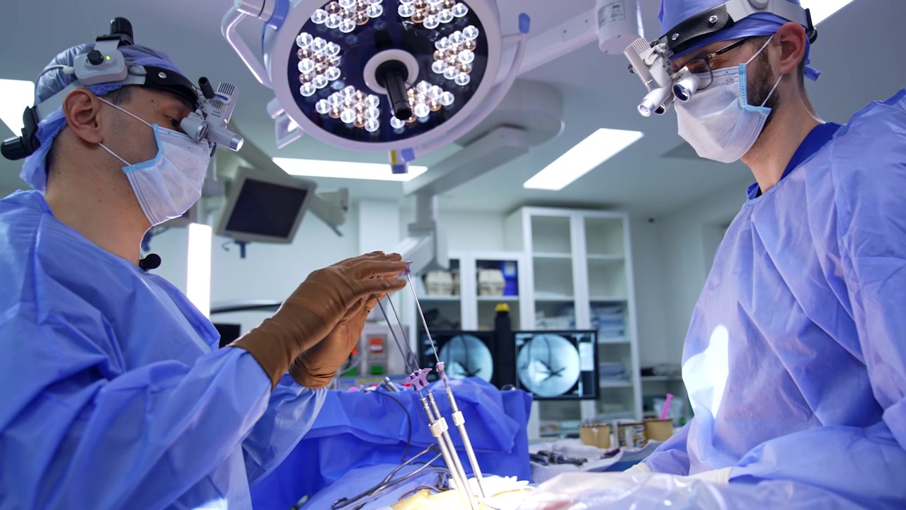 Two male surgeons in surgical loupes perform neurosurgical operation. Doctor attaches special surgical devices to a patient.