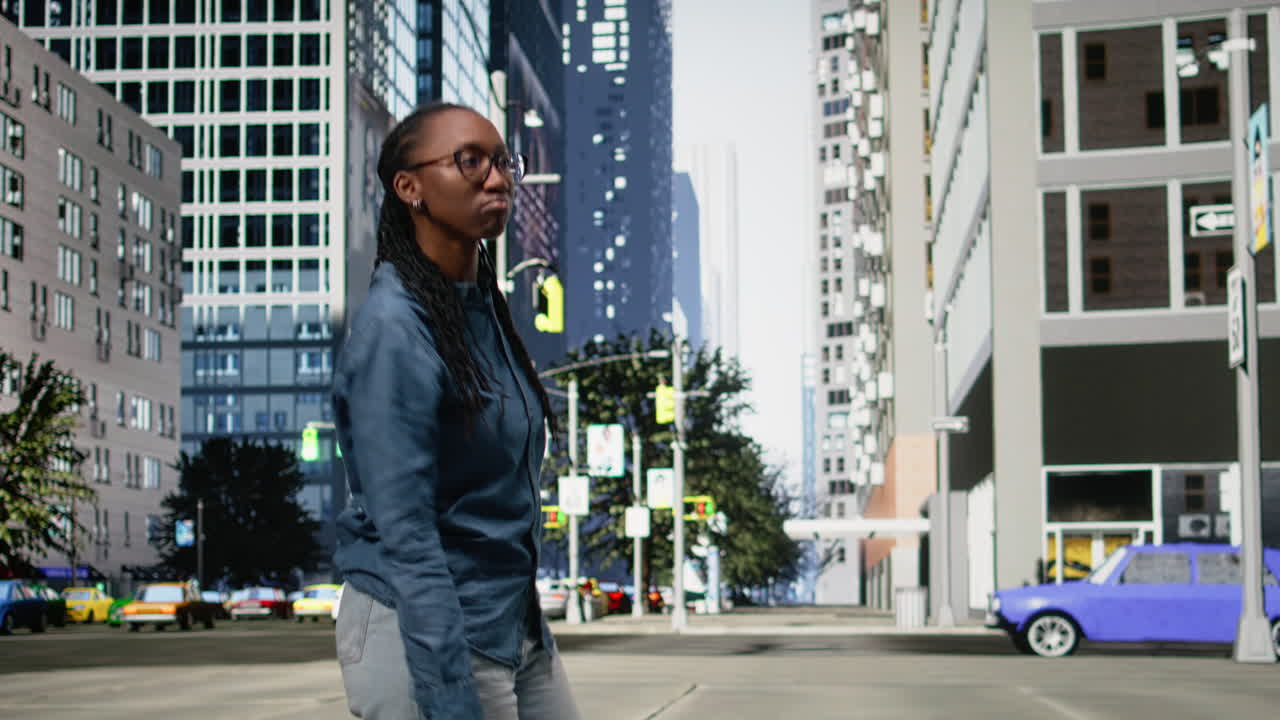 Donna afroamericana alla moda che balla con le cuffie, su una strada cittadina.