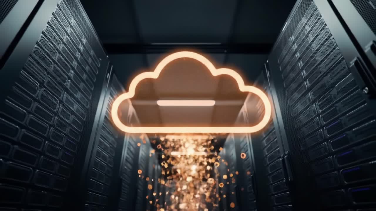 Exploring the Future of Data Storage: A Visual Journey Through High-Tech Server Racks and Dynamic Cloud Imagery Representing Digital Transformation
