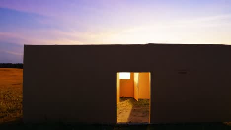 a small house with an open door in a field at sunset