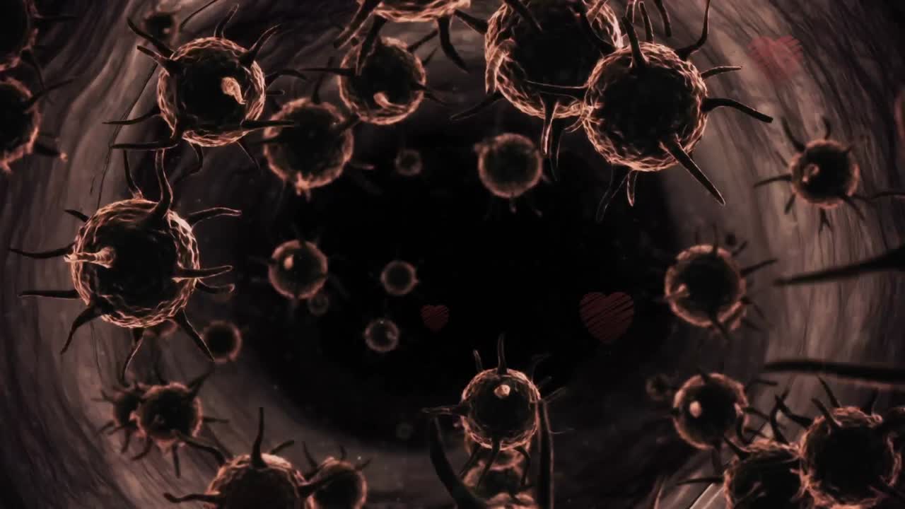 animación de células de covid-19 sobre personas caminando por la calle