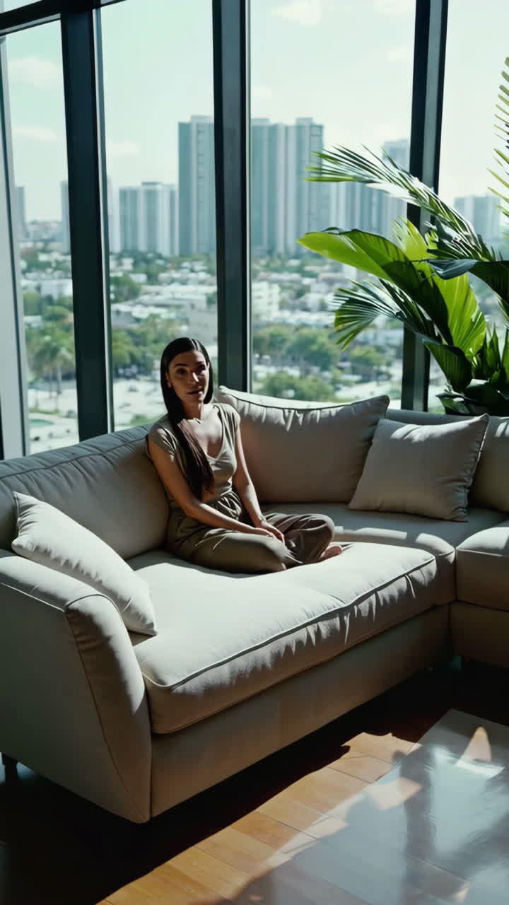 Woman Relaxing on a Sofa with a City View