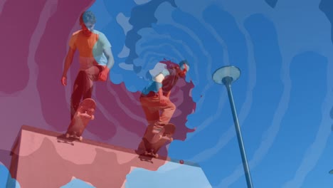 animación de formas coloridas sobre hombres caucásicos patinando