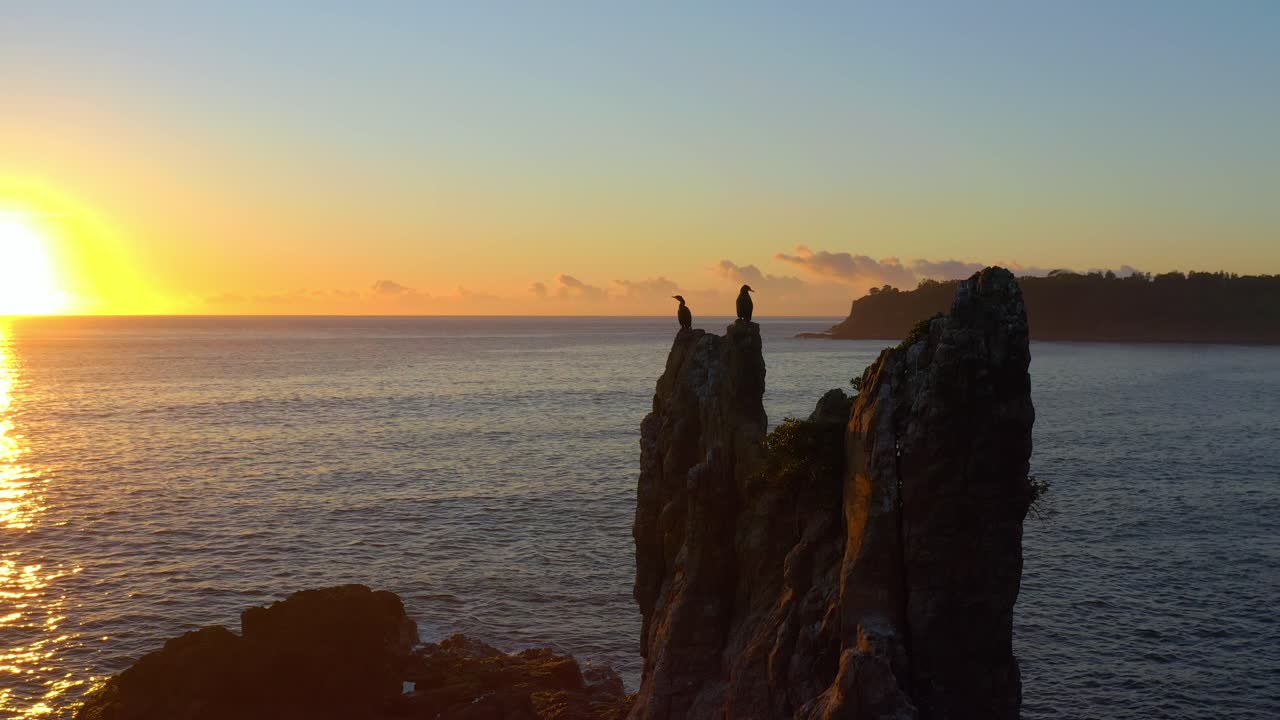 Silhouetted Cathedral Rocks and Cormorants With Vibrant Sunlight Reflections At The Ocean During Sunrise near Kiama, NSW, Australia - Aerial Shot