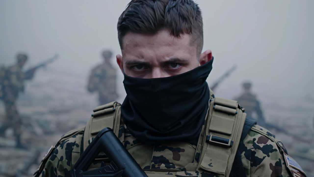 Soldier wearing camouflage uniform and face covering holds a rifle, standing in a foggy battlefield with other soldiers in the background