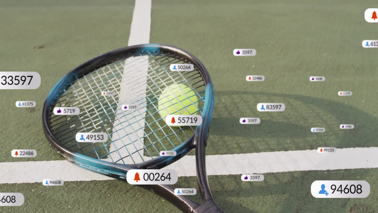 Tennis racket with turquoise frame  and  yellow ball lying on court showing floating social media ic
