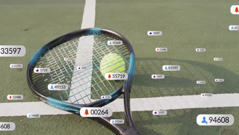 tennis racket with turquoise frame  and  yellow ball lying on court showing floating social media ic