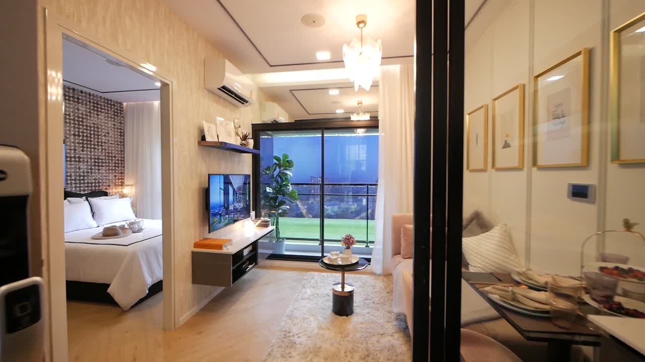 고급스러운 침실 1개 아파트 데코레이션 워크스루