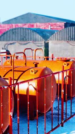 orange tanks in a fenced area with a building in the background