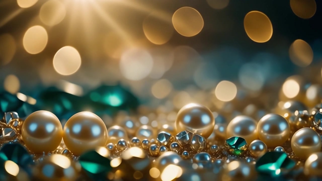 Primo piano di perle eleganti e gemme di smeraldo con illuminazione bokeh