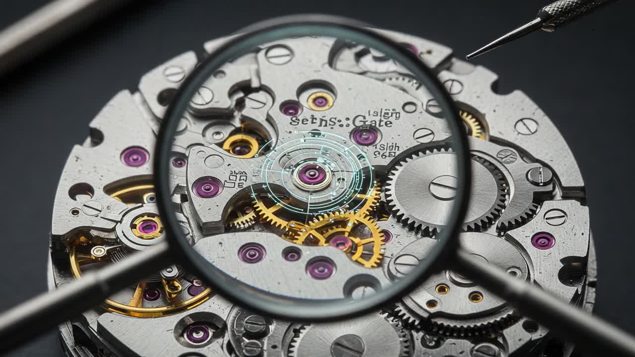 Intricate Watch Mechanism Under Magnification: A Close-Up Examining the Detailed Gears and Springs of a Mechanical Timepiece in Stunning Clarity and Precision