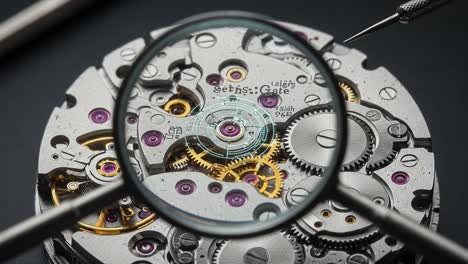 intricate watch mechanism under magnification: a close-up examining the detailed gears and springs of a mechanical timepiece in stunning clarity and precision