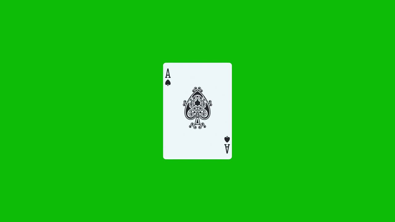 Ace of spades poker card spins and reveals on green screen, 3D animation. You can adjust the timing of the clip to control the reveal effect