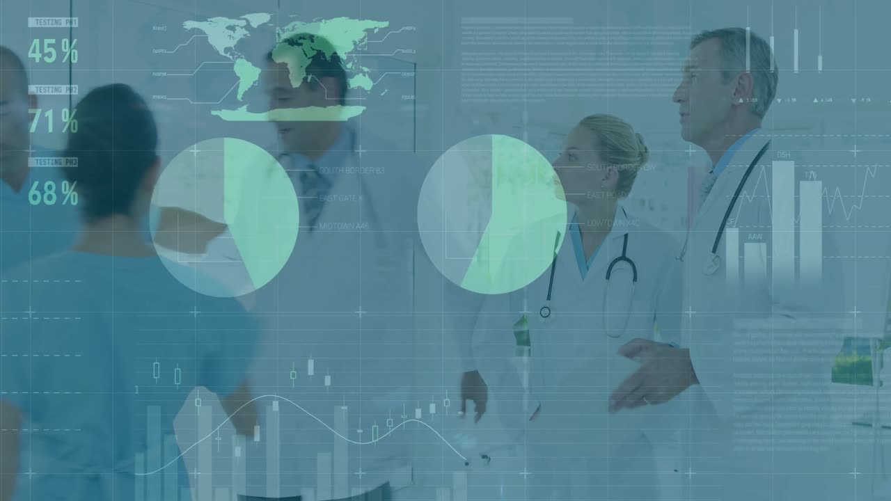 Animação de processamento de dados sobre diversos profissionais de saúde a chamar médicos para uma emergência no hospital.