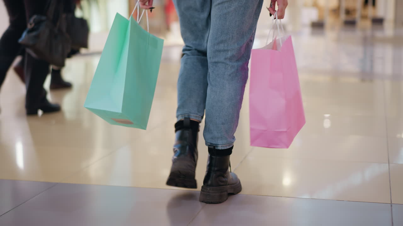 바쁜 소매 환경에서 지나가는 다른 쇼핑객들의 흐릿한 배경으로 쇼핑 가방을 들고 쇼핑몰에서 는 여성의 뒷면