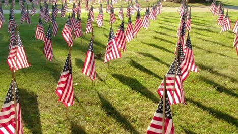 Ich-Laufe-Durch-Die-Reihen-Amerikanischer-Flaggen,-Die-Langsam-Im-Wind-Schwingen