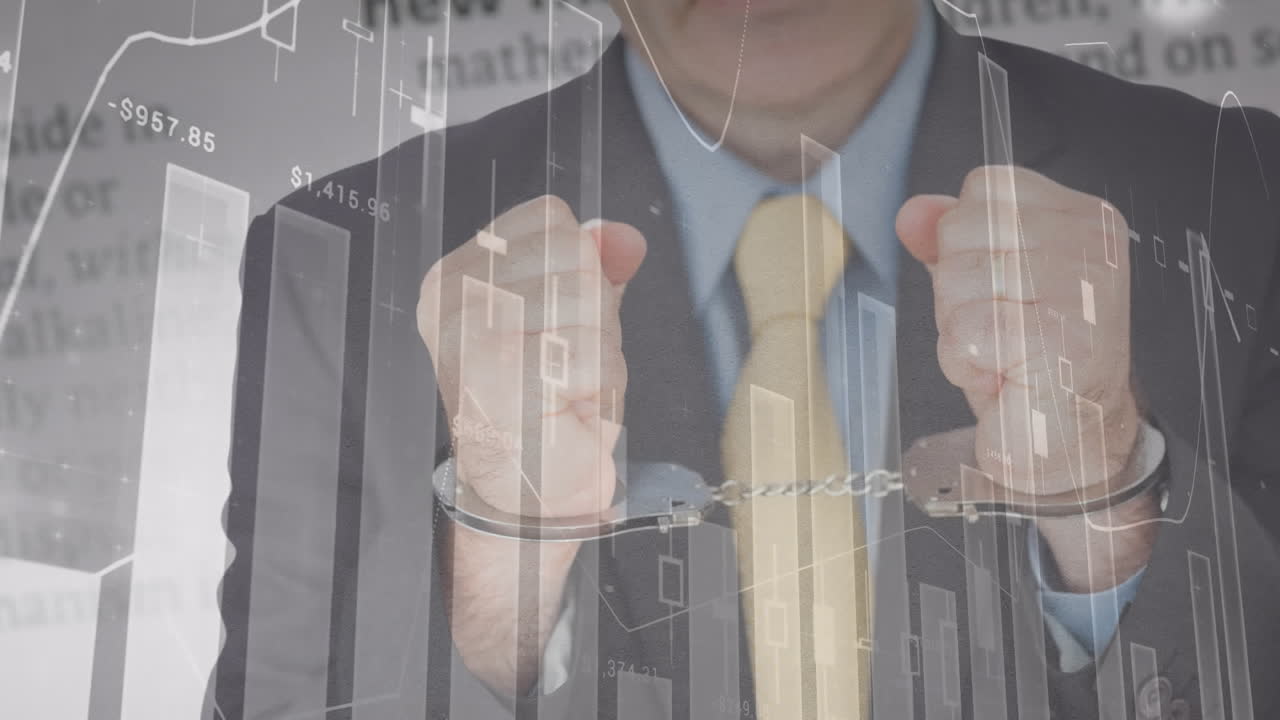 Animation of data processing over businessman in handcuffs