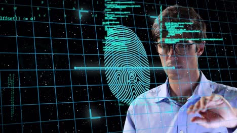Sicherheitsvorhängeschloss-Symbole-Und-Biometrischer-Fingerabdruckscanner-Gegen-Den-Menschen,-Der-Den-Unsichtbaren-Bildschirm-Berührt