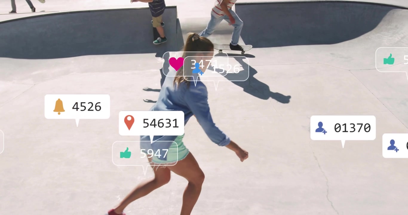 Female skateboarder gliding from left leading duo, animating media icons showing engagement rise