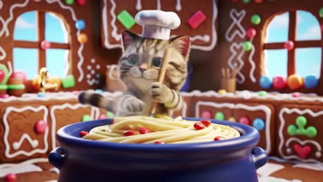 a cute cat chef skillfully prepares delicious pasta in a sweetly decorated gingerbread kitchen, showcasing culinary enthusiasm and creativity