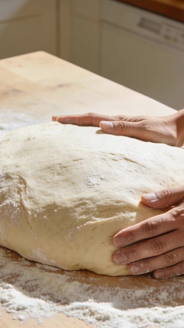 Vertical video: Hands settling, pressing and shaping dough ball on dusted board to deflate air