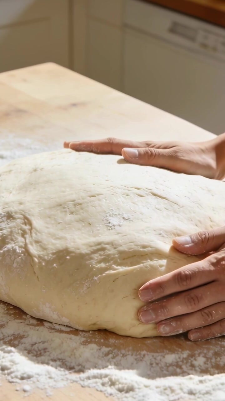 Vertical video: Hands settling, pressing and shaping dough ball on dusted board to deflate air