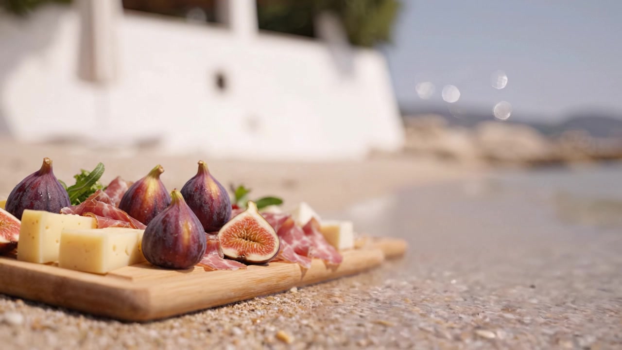 A Delicious Spread of Fig and Cheese on a Beachside Platter, Highlighting Fresh Ingredients Against a Beautiful Coastal Background in a Sunlit Scene