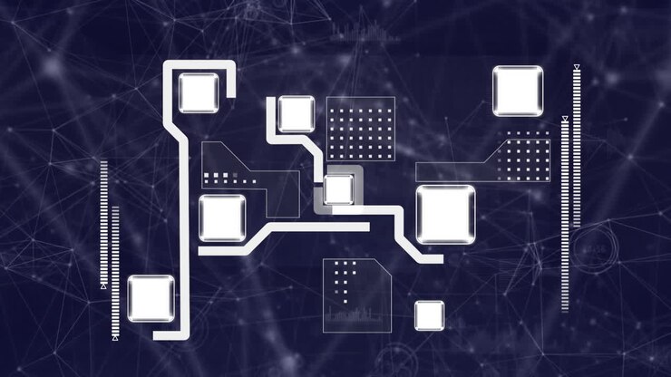 Animation of networks of connections and data processing over black background