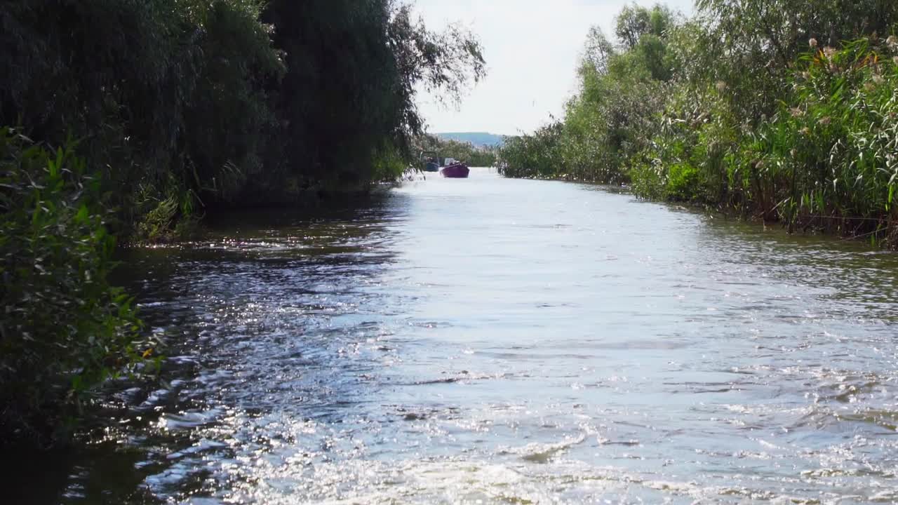 viajando en barco por las aguas fangosas del delta del danubio.