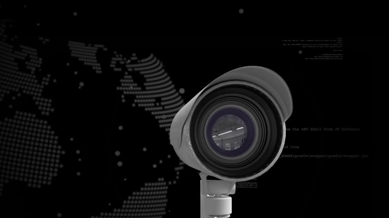 animación del procesamiento de datos digitales a través de una cámara de cctv y un globo sobre un fondo negro