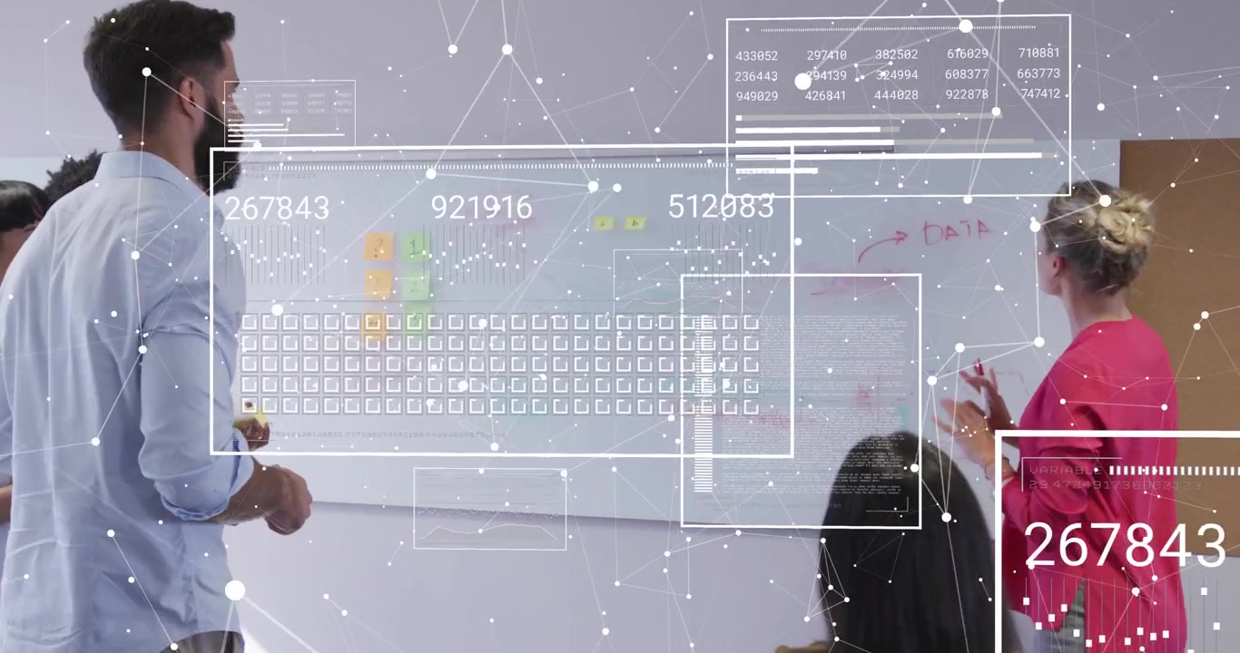 Team manager stepping forward annotating board in business meeting as data overlays refining ideas