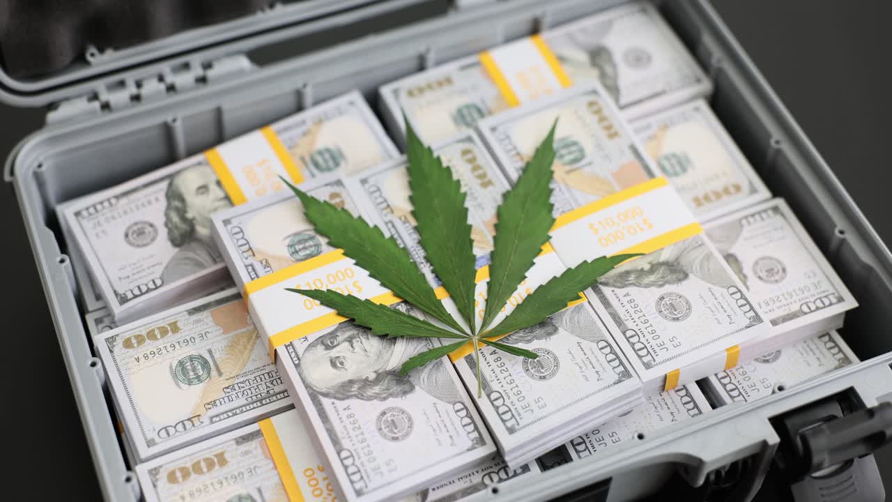 Cannabis leaf on stacks of hundred dollar bills in a briefcase