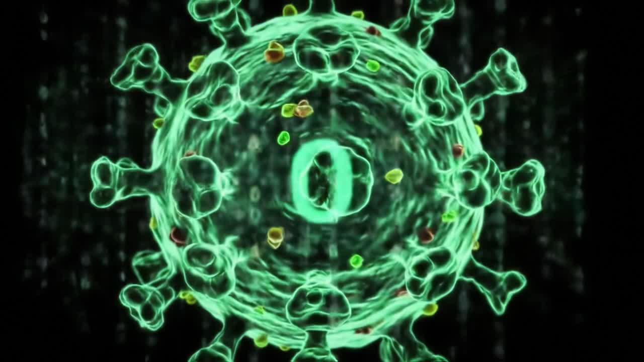A Detailed Visualization of a Virus Structure Interacting with Digital Elements, Representing the Intersection of Biology and Technology in Modern Science