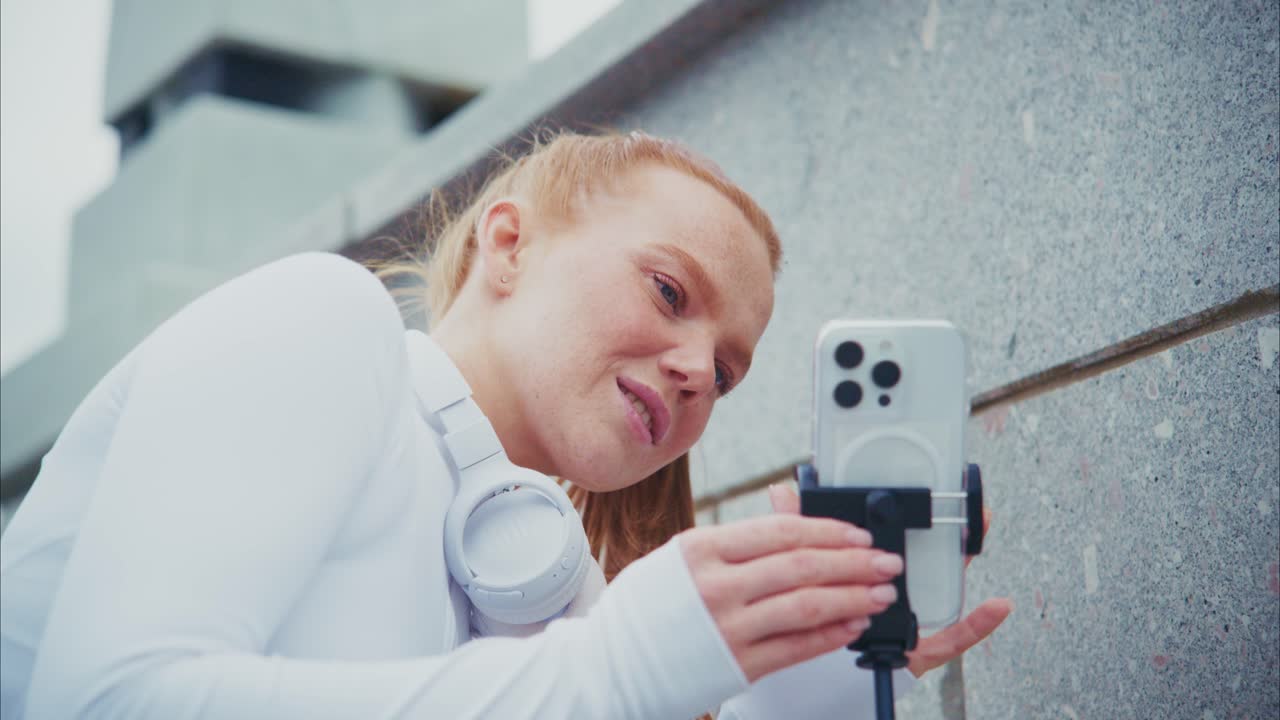 Woman filming with smartphone and headphones outdoors