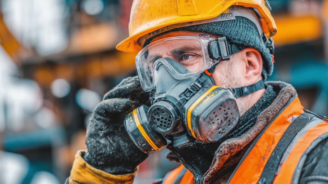 Construction Worker in Protective Gear with Safety Helmet and Respirator at Construction Site, Focused on Task While Ensuring Personal Safety