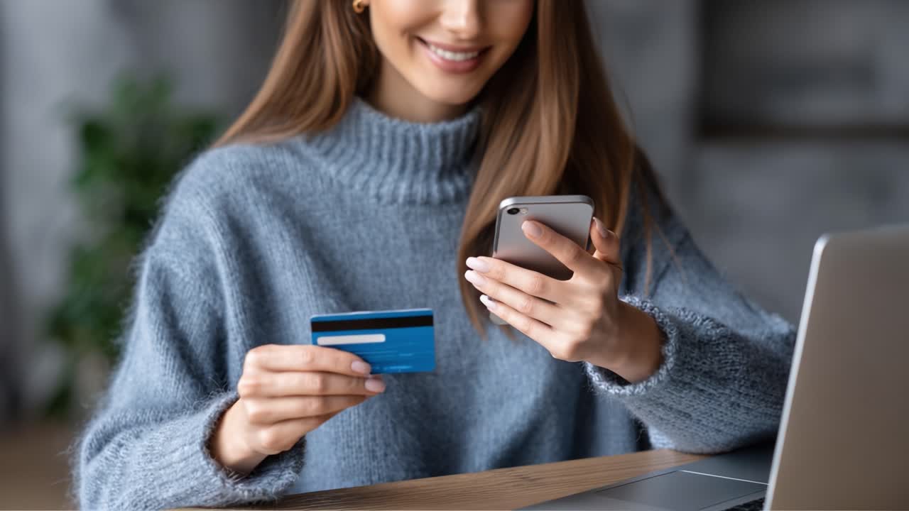A woman joyfully engages in online shopping, using her smartphone to make a purchase while holding a credit card, symbolizing modern financial convenience and accessibility