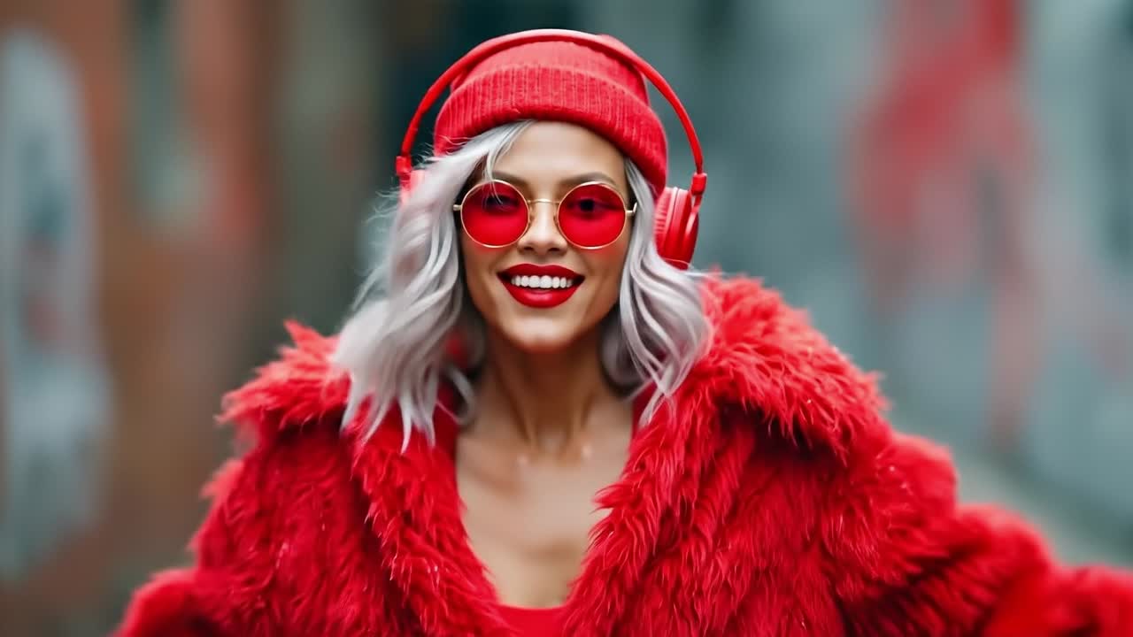 A woman wearing a red hat and red headphones