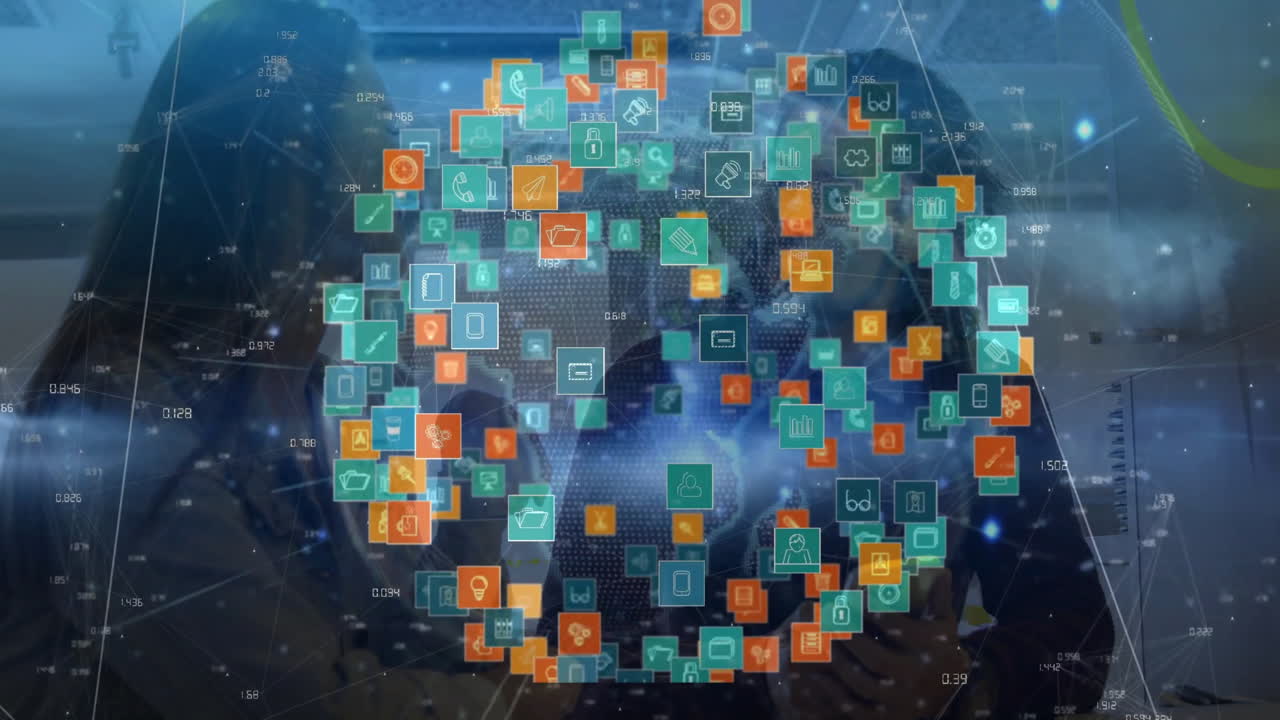 Animation of digital icons forming globe shape on abstract technological background